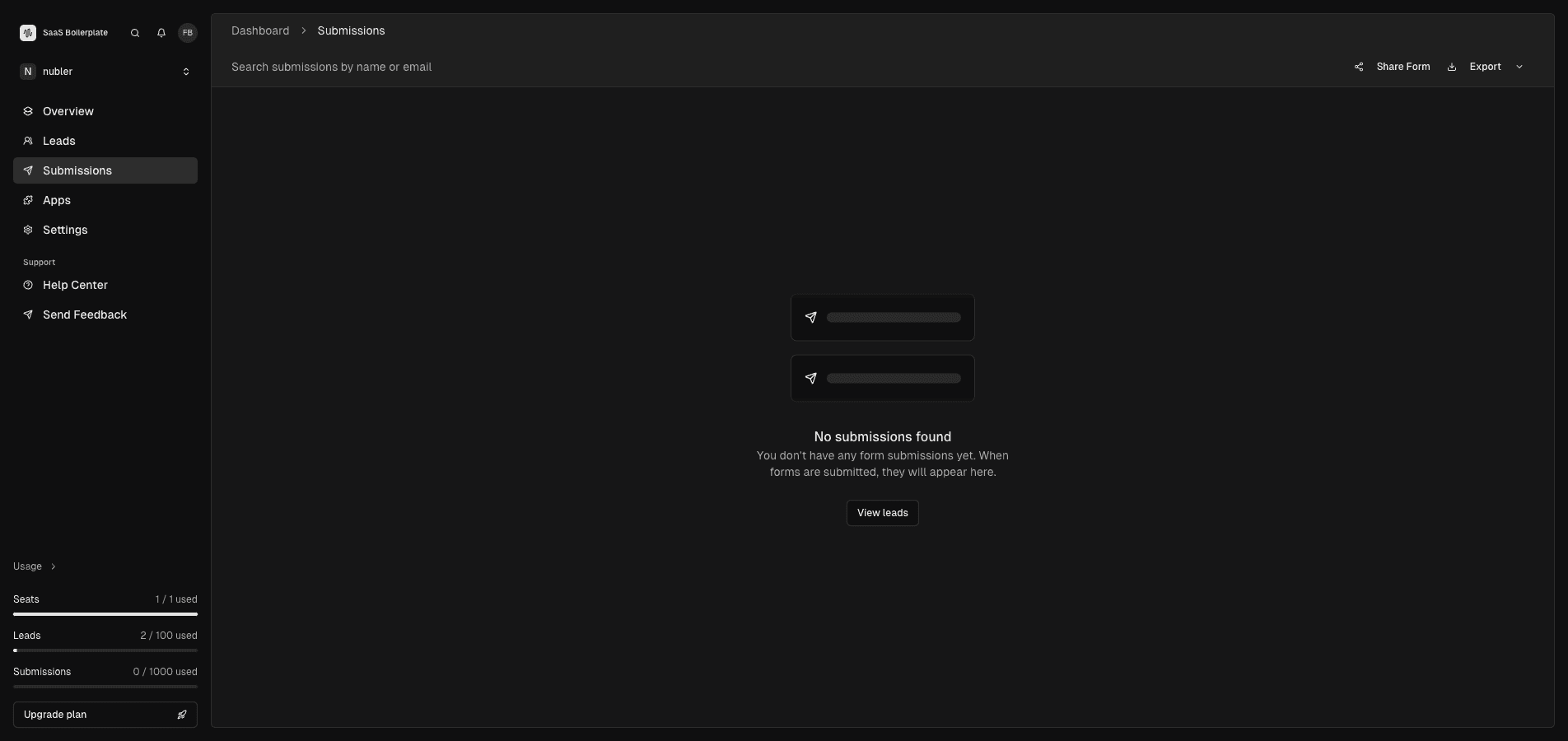 Submissions page showing form submission management tools and empty state.