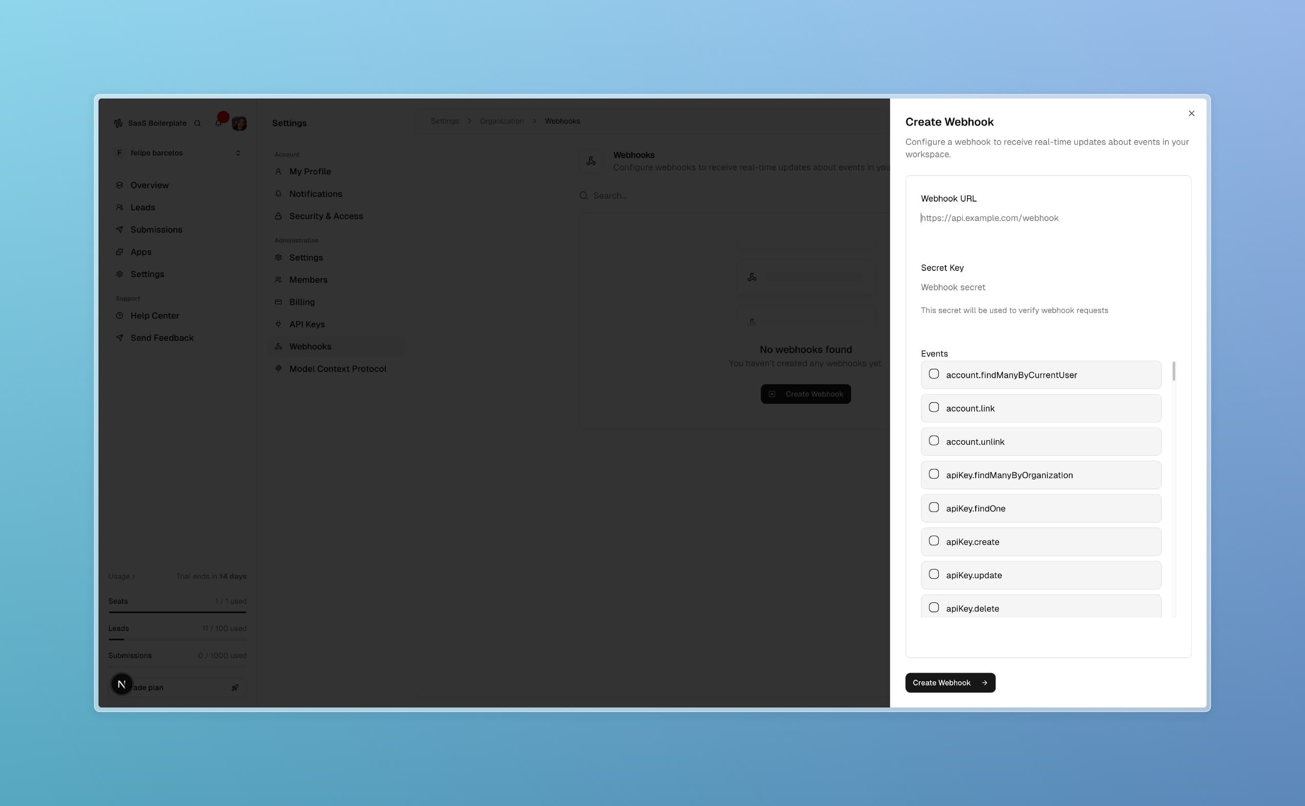 Webhooks page showing webhook configuration tools and management interface.