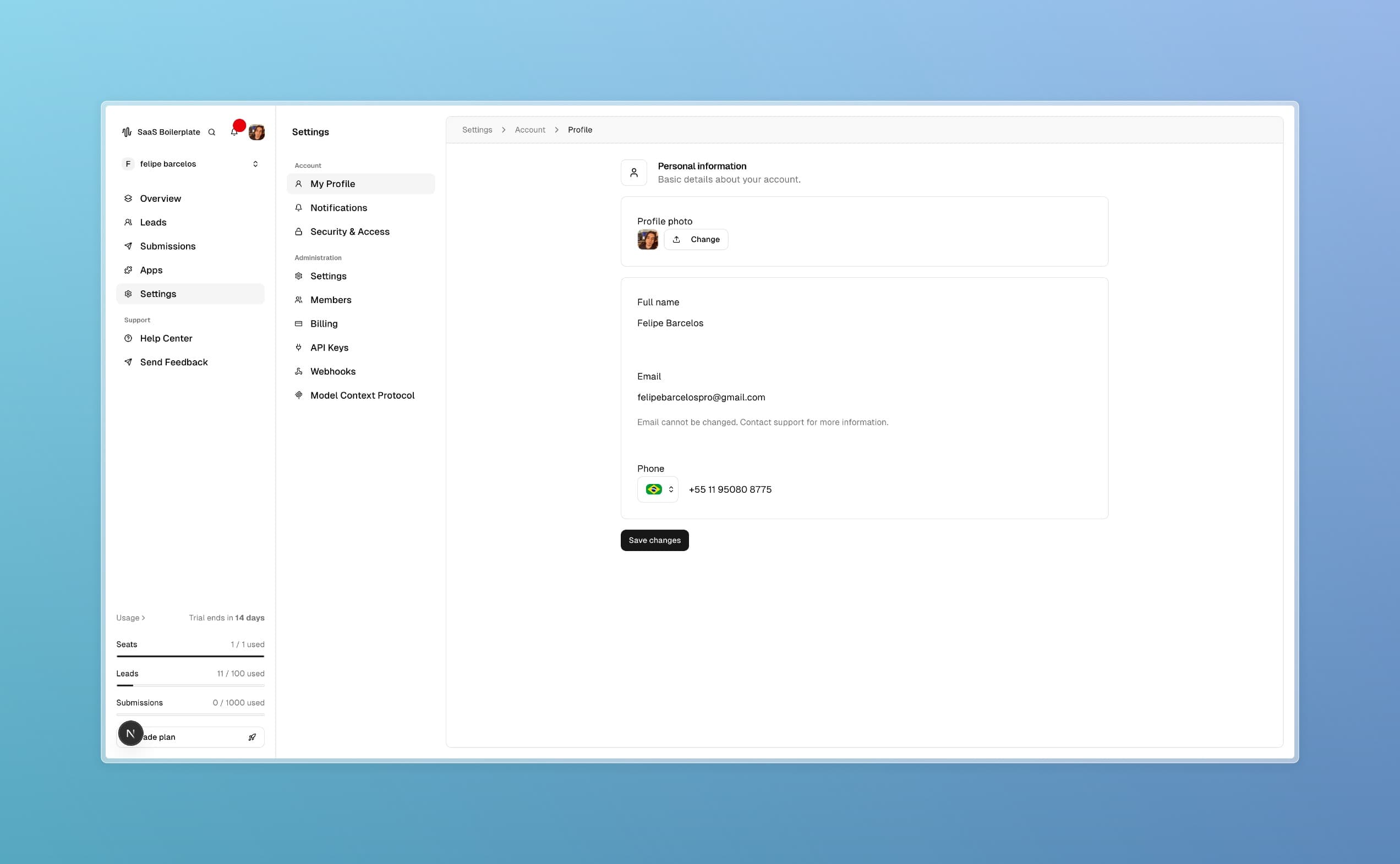 Profile page showing personal information settings.