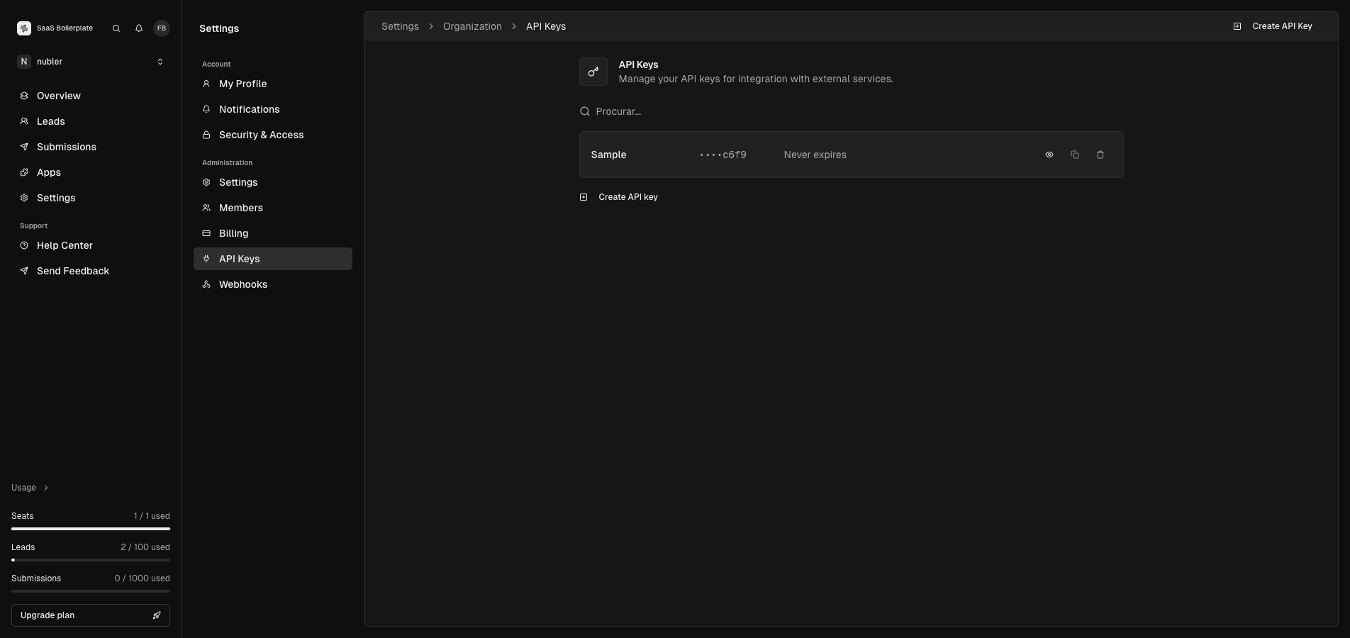 The API Keys page showing API key management tools and existing keys.
