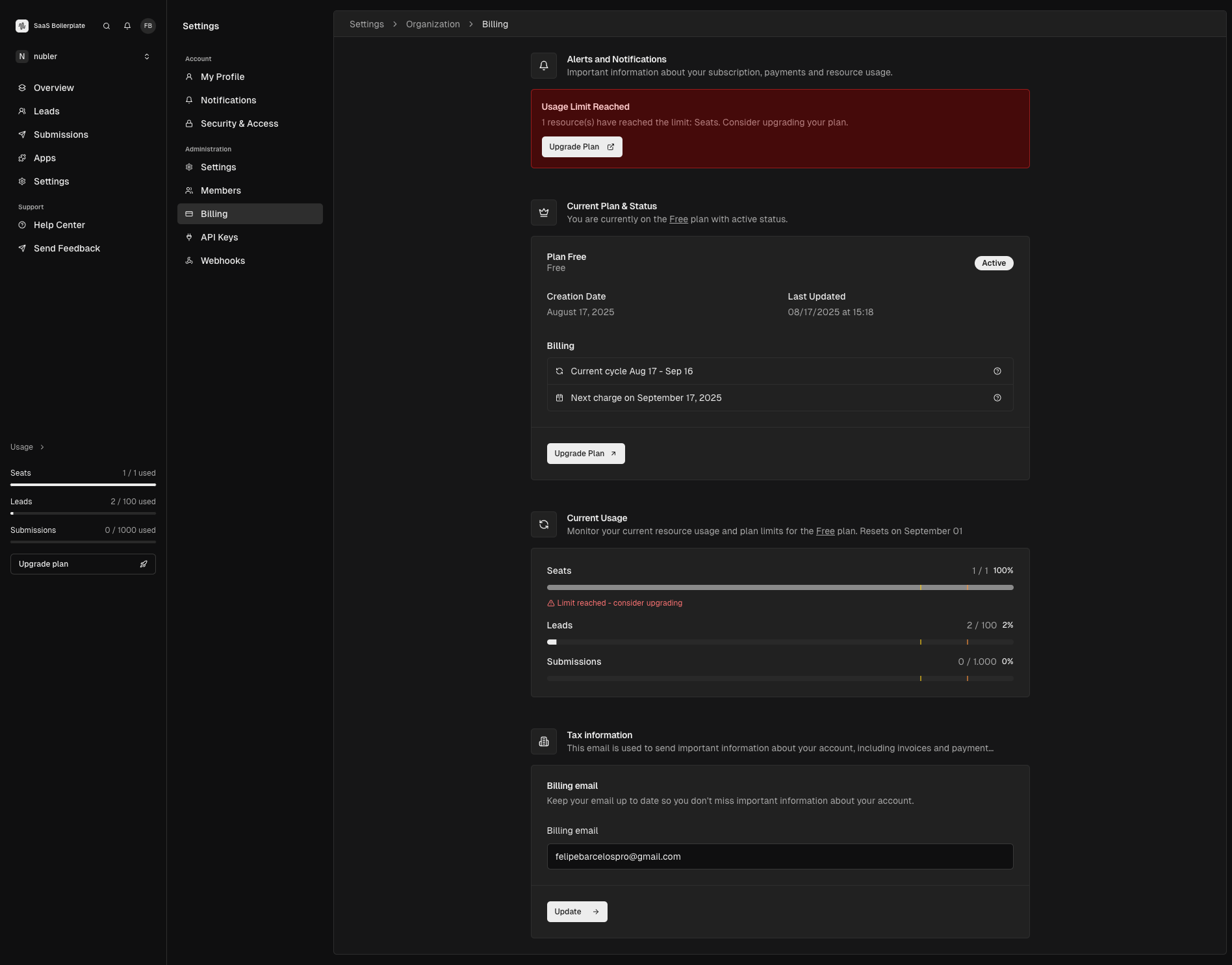 The Billing page showing subscription details, usage monitoring, and plan management options.