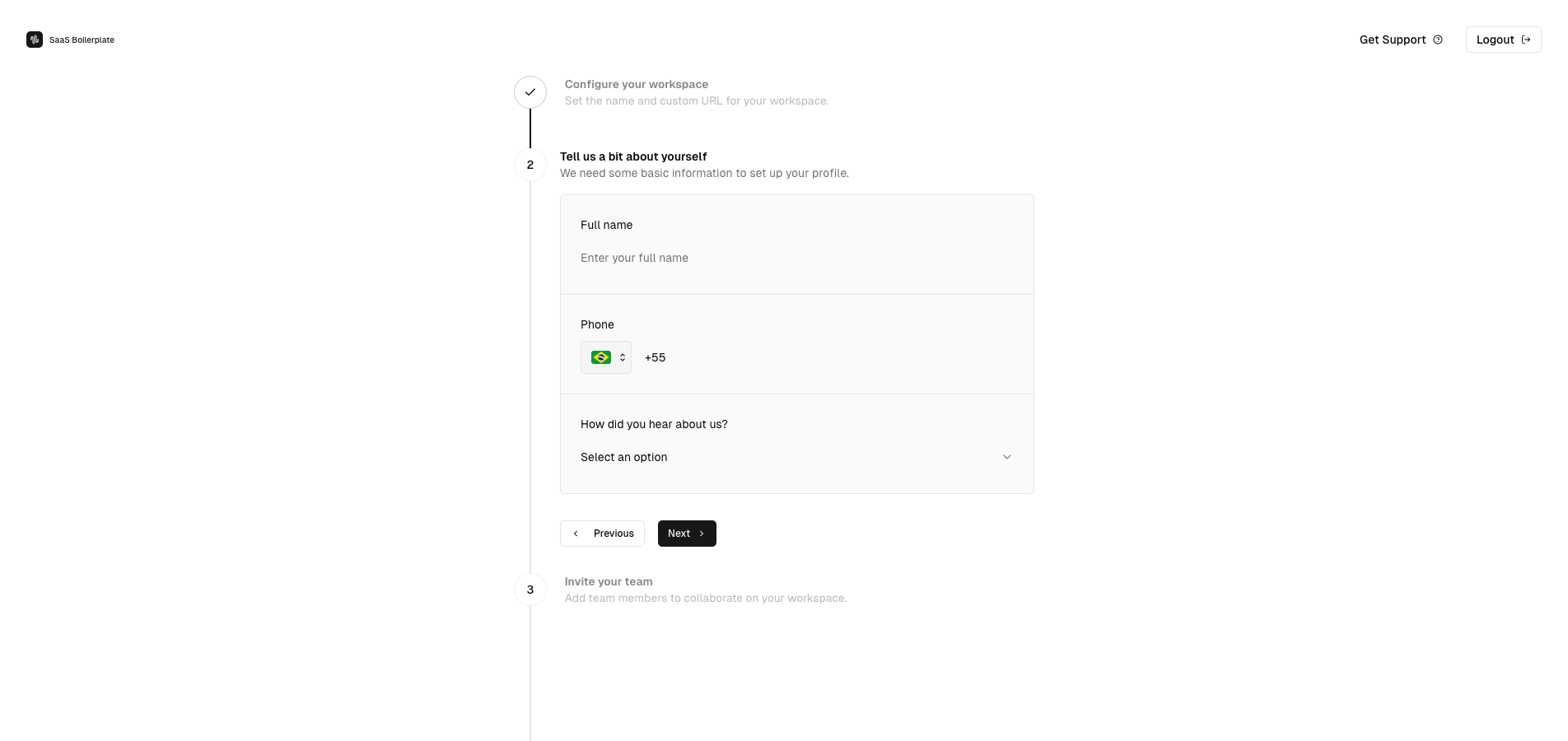 Personal information step with name, phone, and source fields.