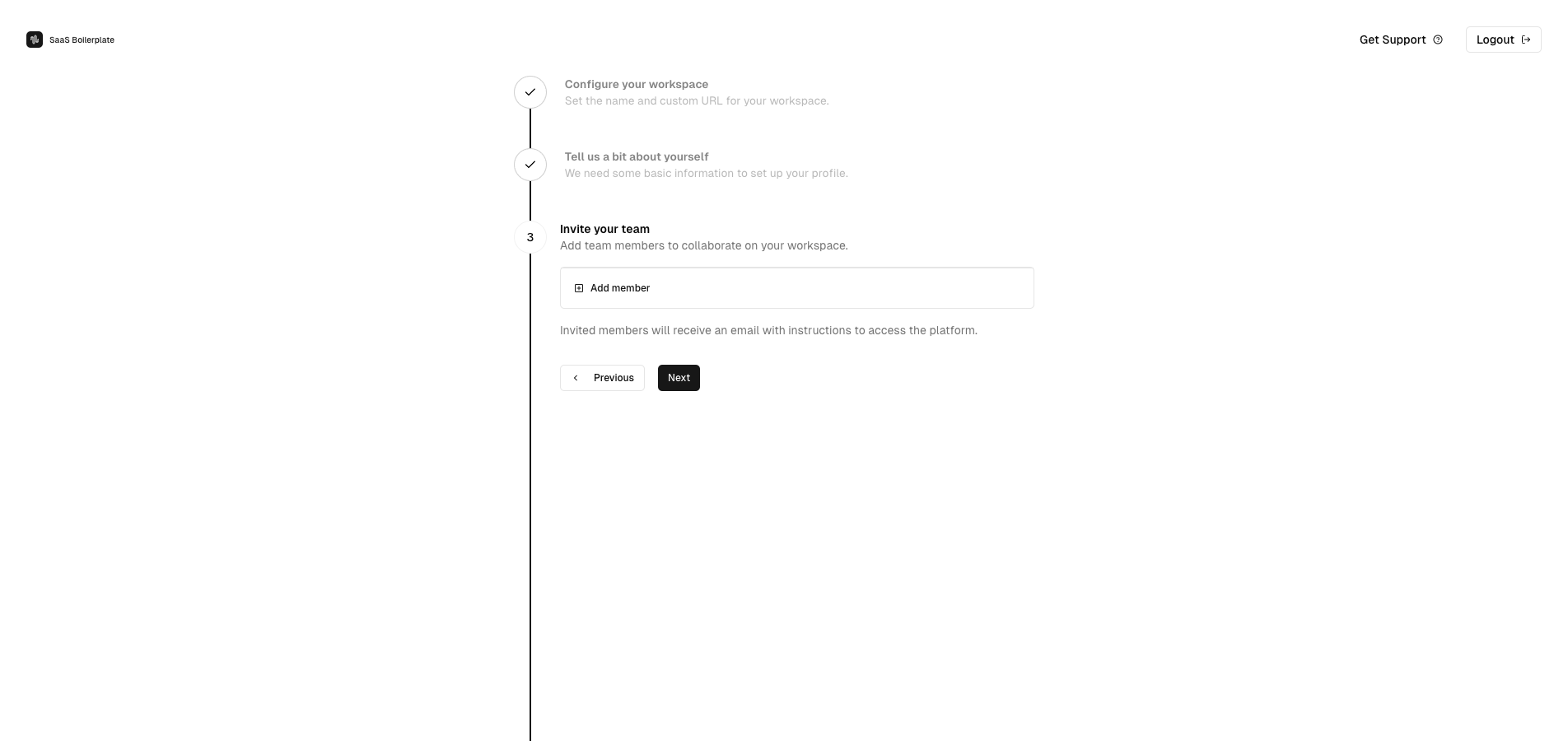 Team invitation step with member management options.