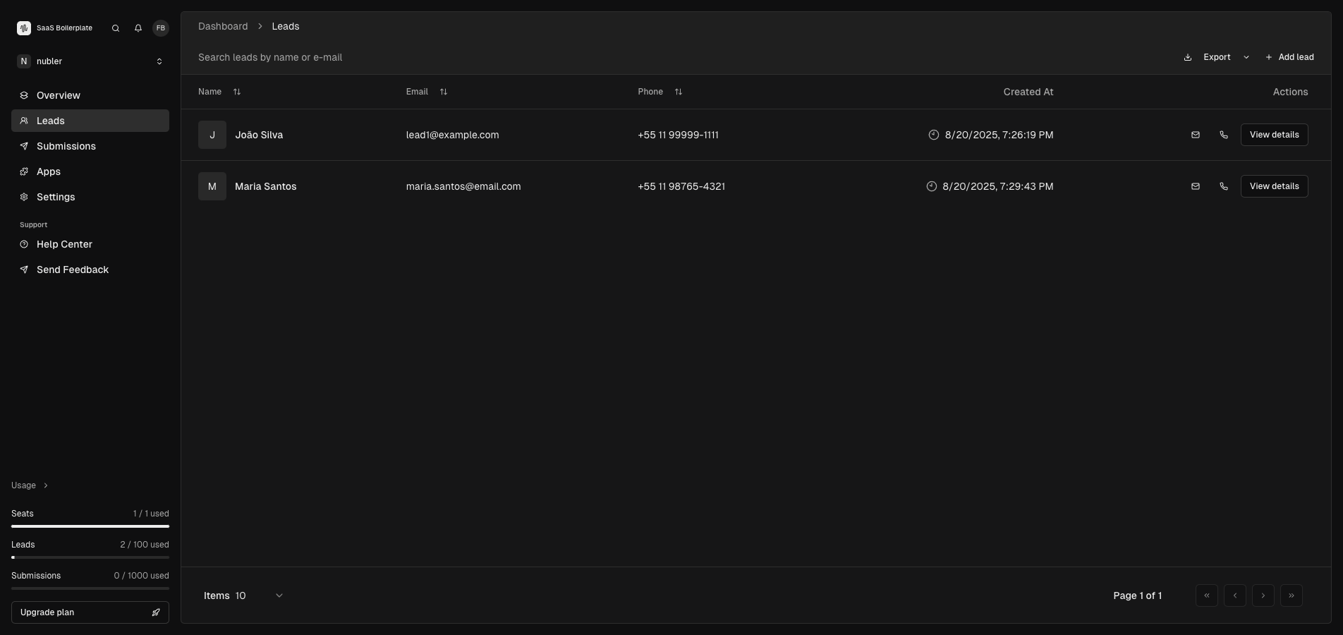 The Leads page showing a comprehensive table of business contacts with search and management tools.