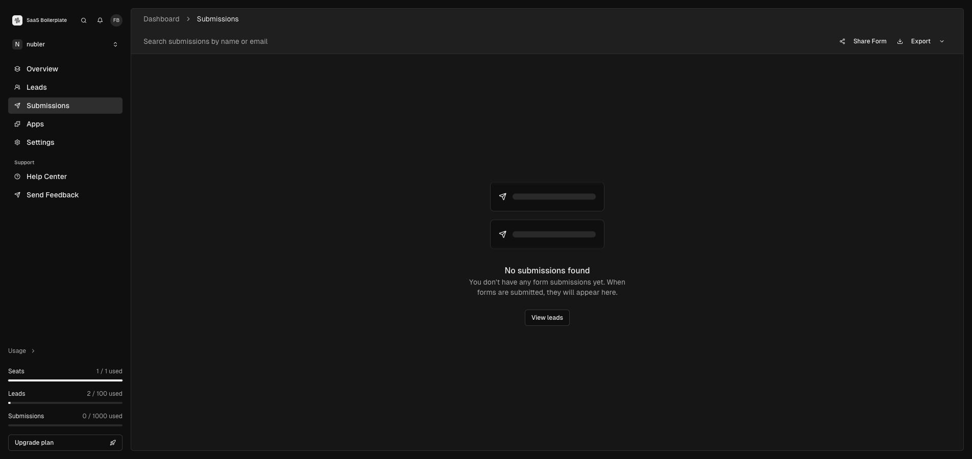 The Submissions page showing form submission management tools and empty state.