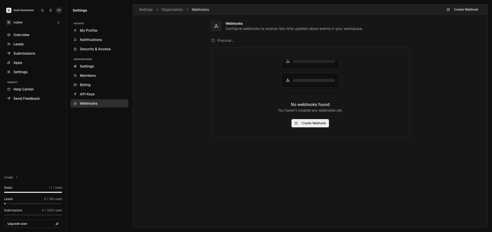 The Webhooks page showing webhook configuration tools and management interface.
